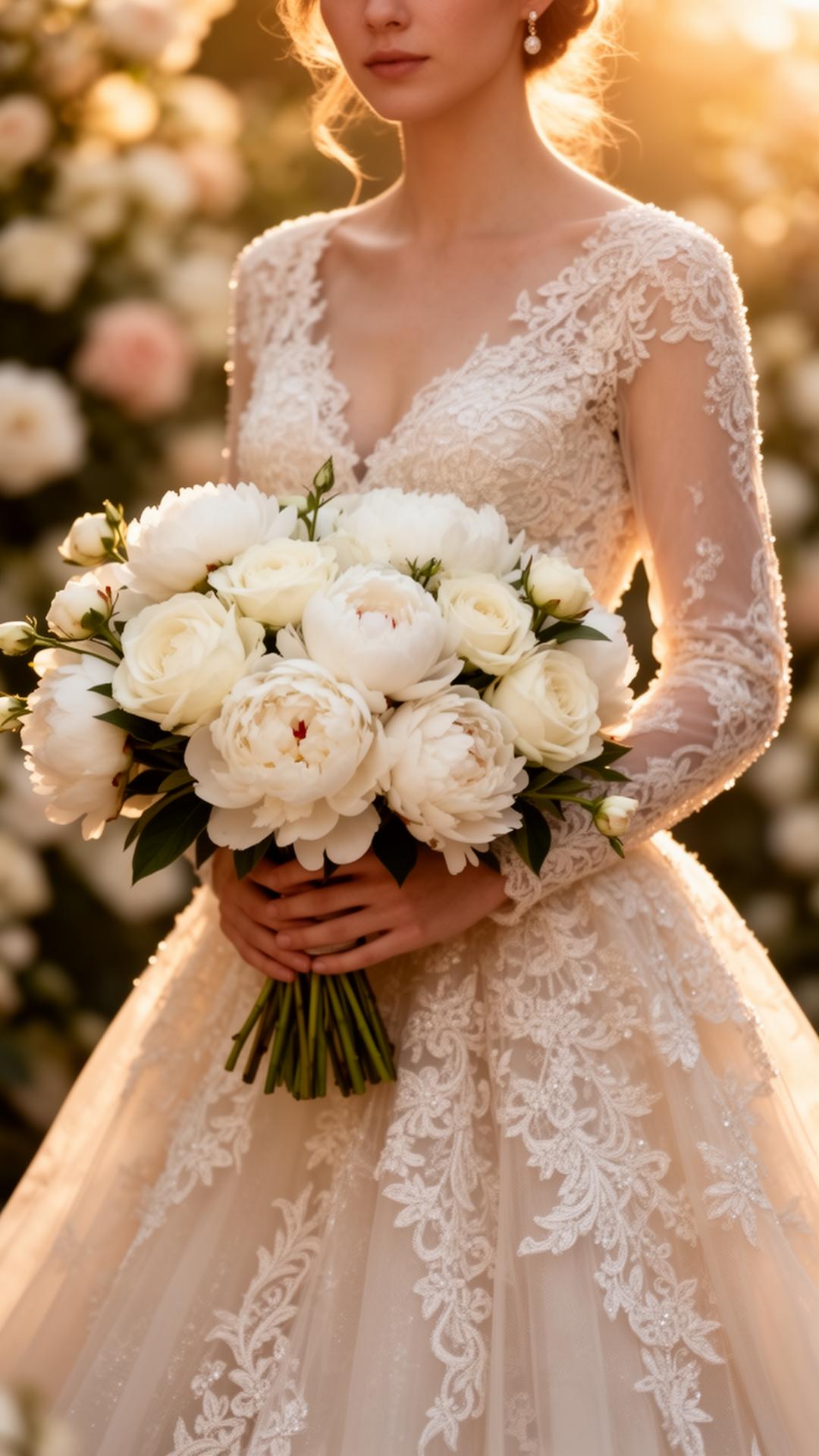 Bride in lace gown holding a bouquet of white peonies at golden hour