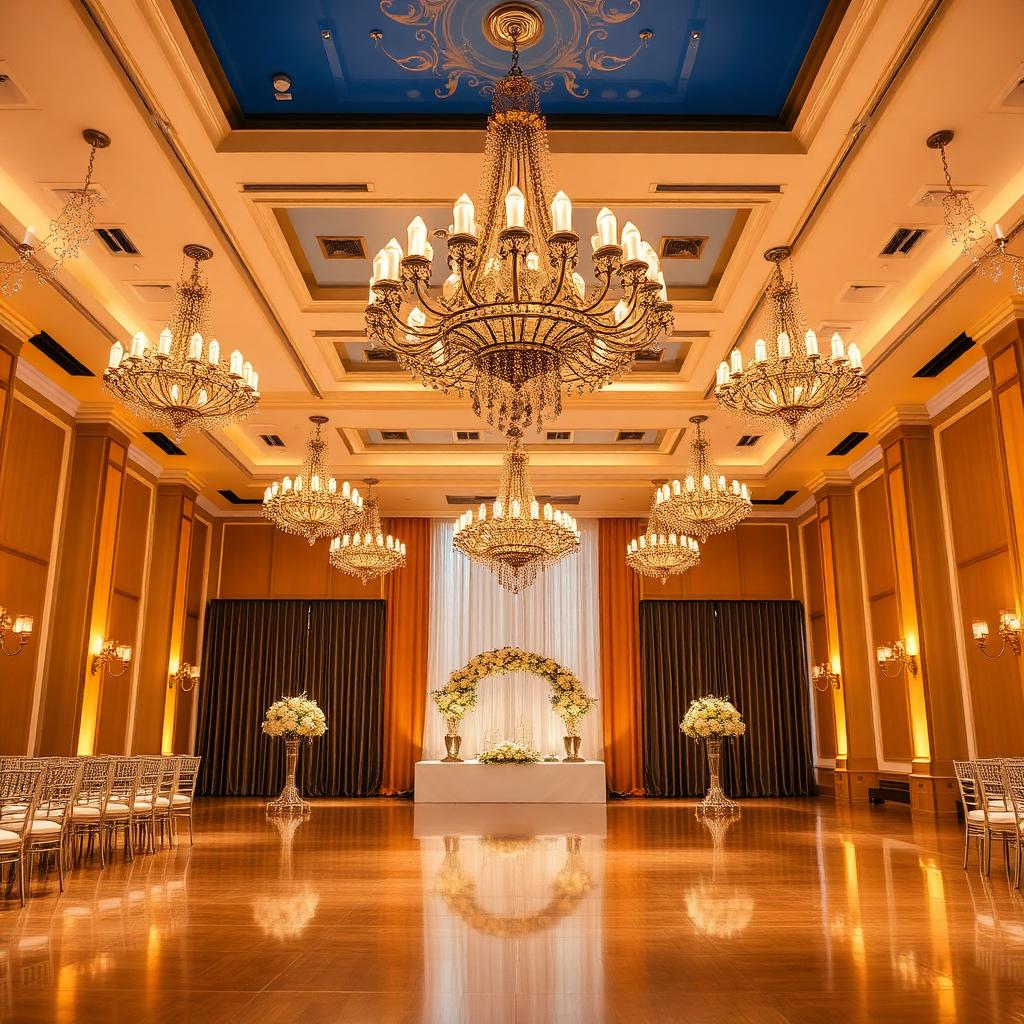 Luxurious wedding ballroom with chandeliers